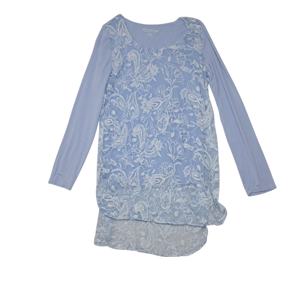 Soft Surroundings Tunic Top Womens XS Blue Silk Floral Lace Overlay Romantic